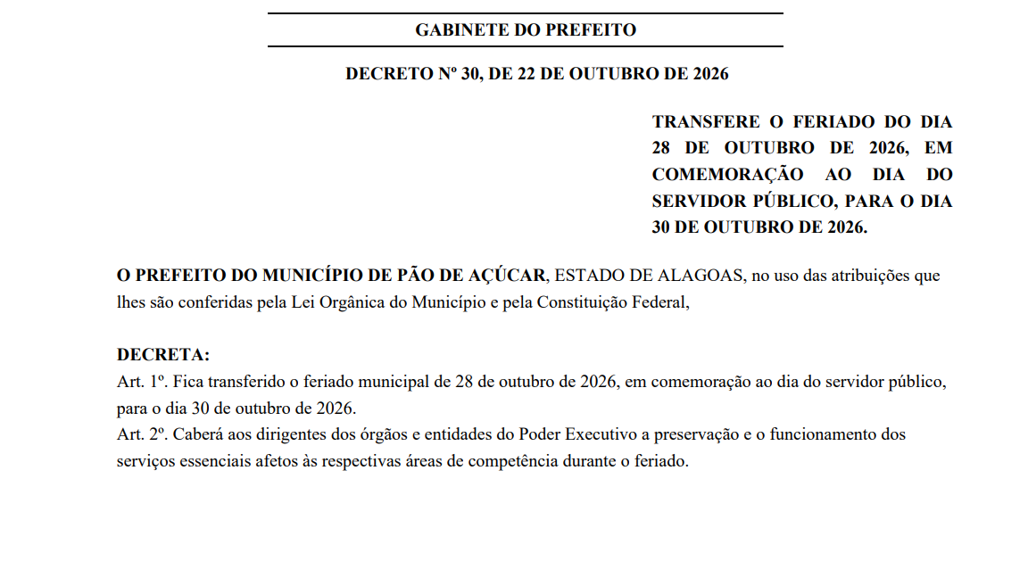 Atenção Servidor, mudança na data do Feriado em comemoração ao Dia do Servidor Público